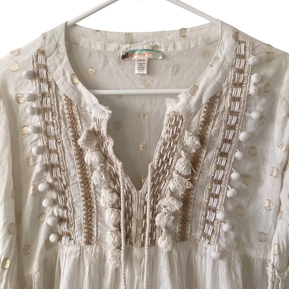 Rise & Blossom Gold Dot Tiered Tassel Pom‎ Pom V-Neck Tunic Dress S/P CH - Picture 13 of 14